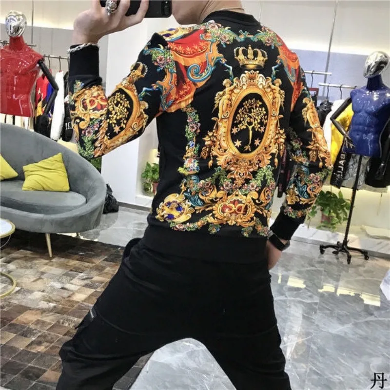 

Men's Slim-Fit Long-Sleeved Sweatshirt Fleece-Lined Thickened Korean Style Fashion Brand Distinctive Print Pattern