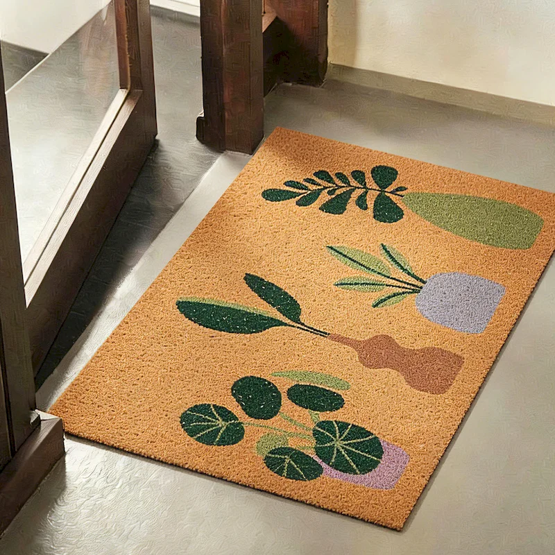 VIKAMA Rectangular Welcome Hello Text And Plant Flower Door Mat Dustproof And Anti Slip Outdoor Mat Home Decoration