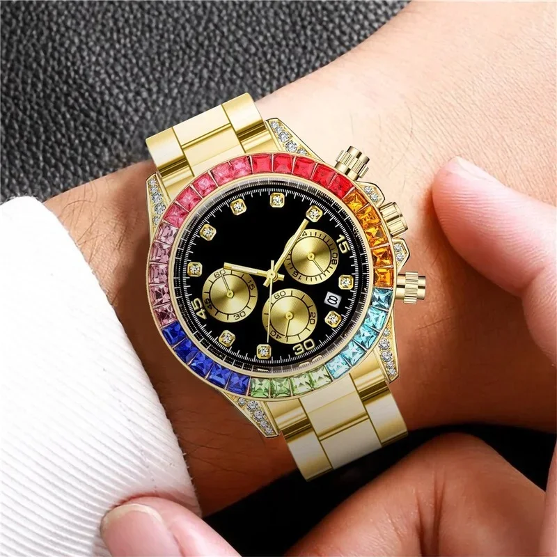 Fashion Mens Sports Watches Stainless Steel Day Date Watch Men Luxury Colored Diamonds Calendar Quartz Wristwatch Hip Hop Clock