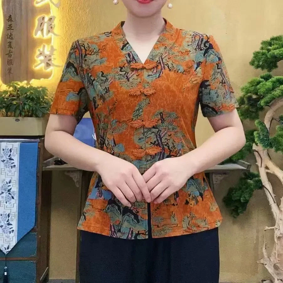 

Female Clothing Vintage Broken Flowers Printed T-shirt Casual V Neck Button Summer Short Sleeve Pullovers top Chinese Style