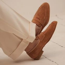 British Retro Penny Loafers Brown Cowhide Suede Leather Shoes Men Business Leisure One Foot Wedding Banquet Shoes