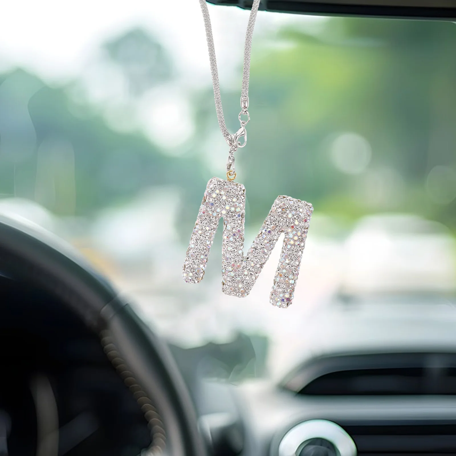 

Bling Car Letter Charm Rhinestone Crystal Pendant Rear View Mirror Hanging Auto Decoration Women Car Interior Accessories