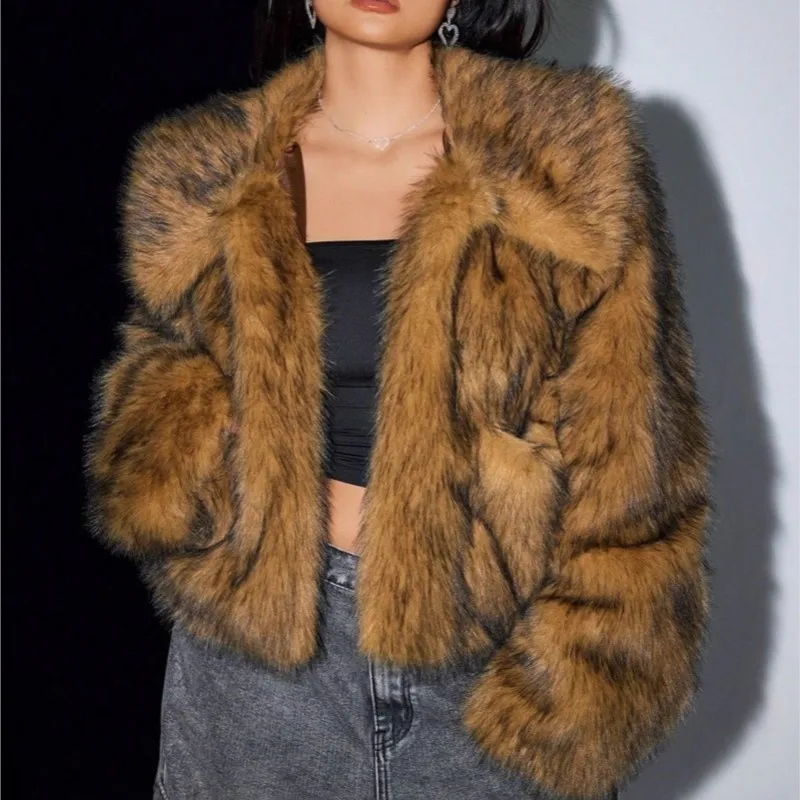 

2025 New Style Faux Fox Fur Coat Fashionable Autumn Winter Wear Thickened & Warm Long-Sleeved Short Fur Coat Jackets Tops