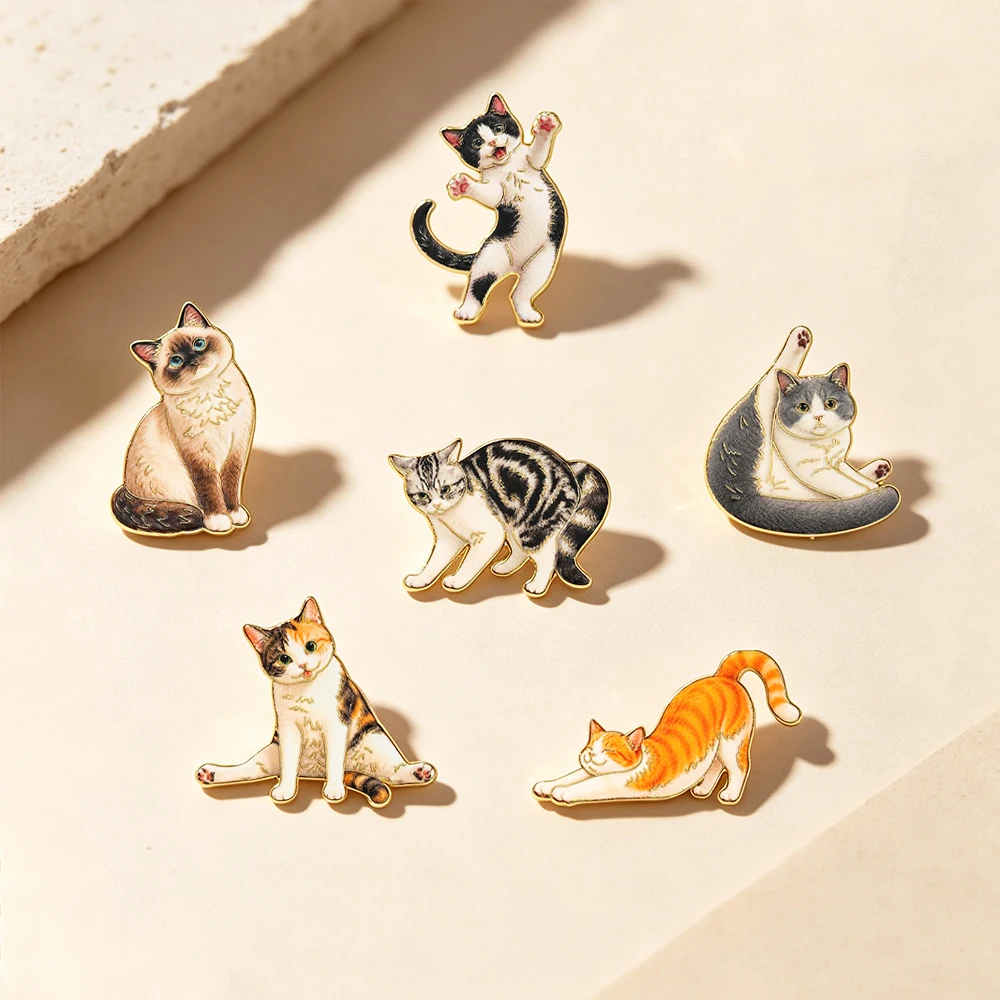 6pcs Funny Cat Meme Enamel Pins Set Cartoon Cat Paws Enamel Pin Metal Badge Jewelry Clothing Backpack Accessories Friends Gift