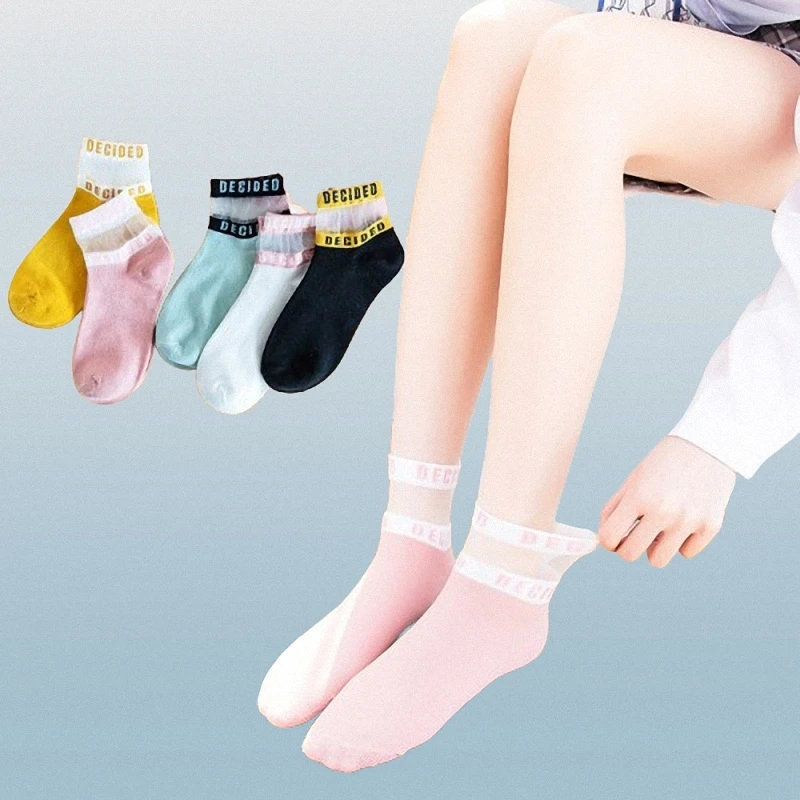 5/10 Pairs Spring And Summer New Arrival Letter Card Stockings Short Socks Trendy Glass Silk Women's Mid-tube Socks Boat Socks