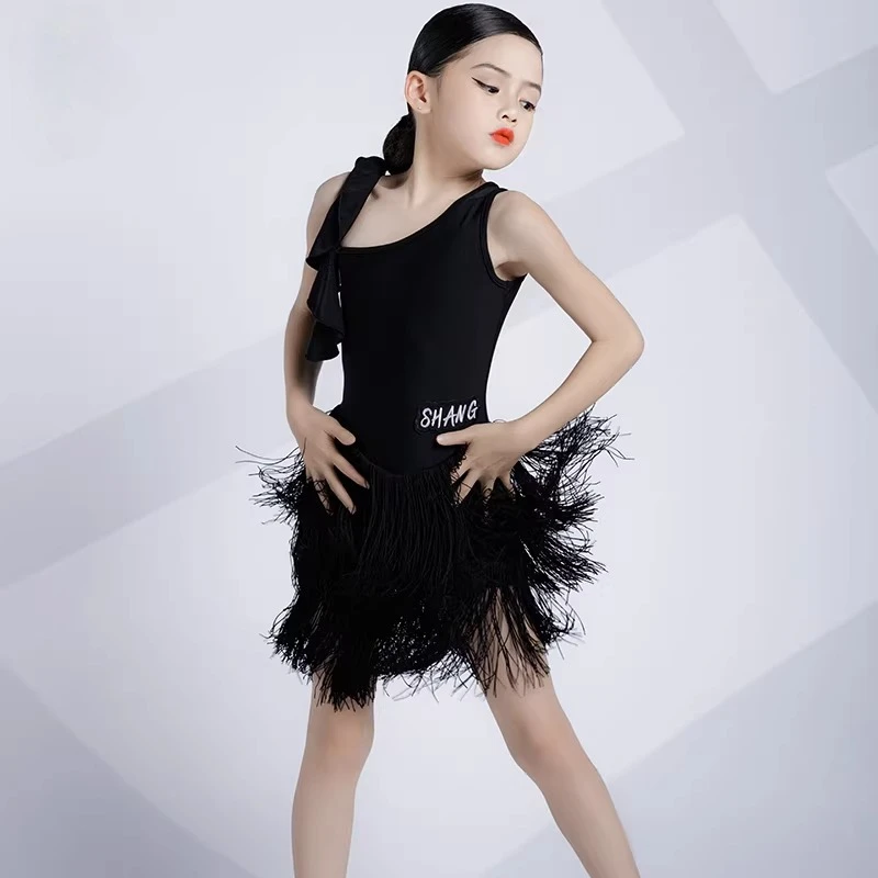 Advanced New Style Latin Dance Dress Girl Professional Training Dress Gauze Solid Color Ballroom Dance Irregular Fringe Costume