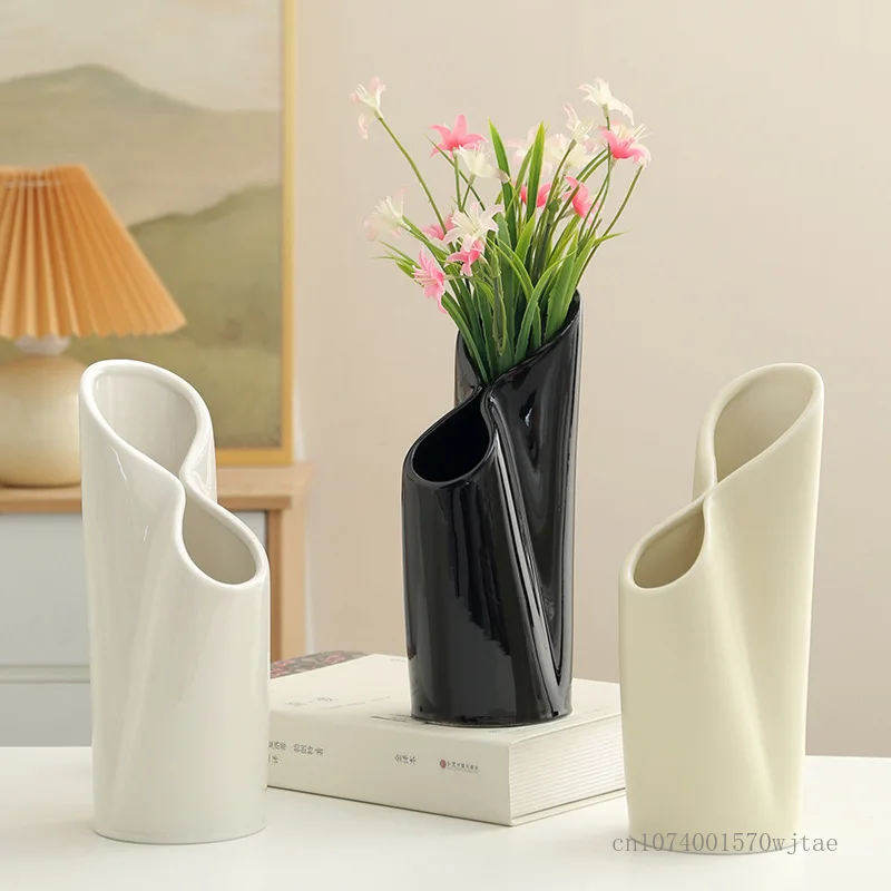 Nordic Style Ceramic Vases Black/White/Creamy Yellow, Double-port, Home Decoration, Living Room, Bedroom, Table, Flower Vase 1pc