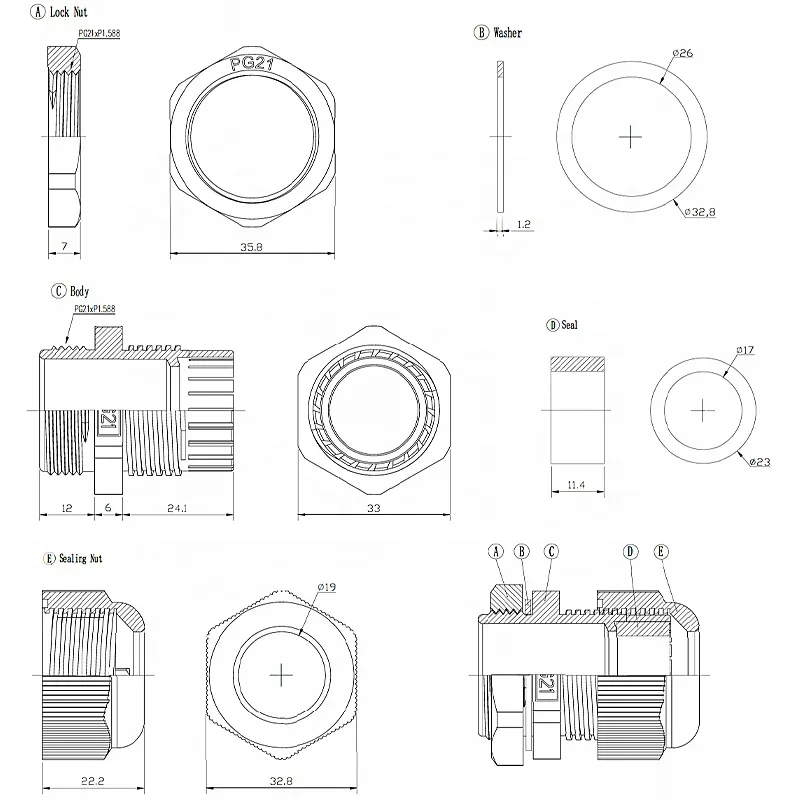 RND PG21 PA66 وصلة كابل نايلون IP68 وصلات كابل خيط مقاومة للماء تدعم موصل سلك صندوق توصيل بلاستيكي