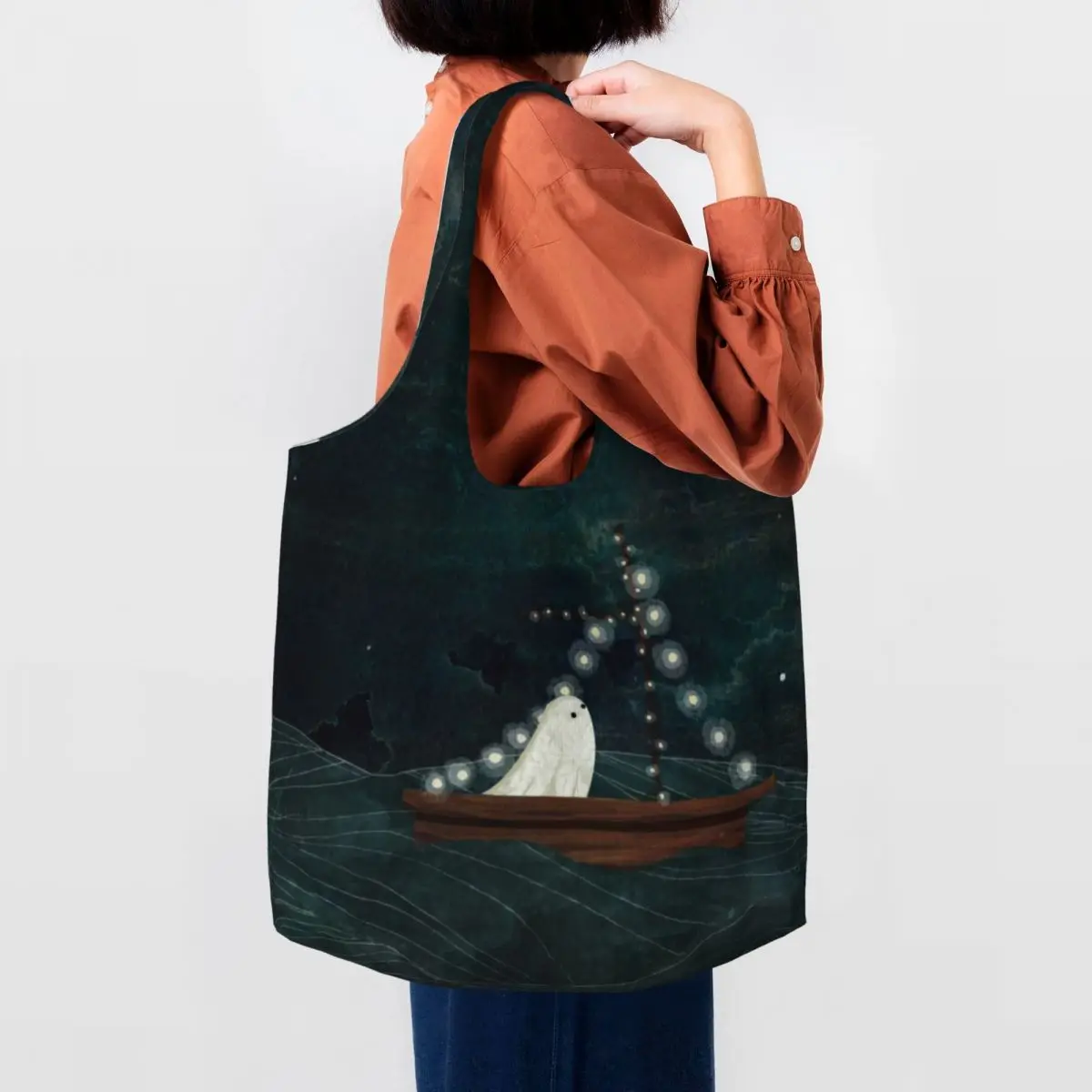 

Сумка для покупок с забавным принтом на заказ, сумка для покупок с призраком, парусиновая сумка для покупок на плечо, сумка ужасов на Хэллоуин