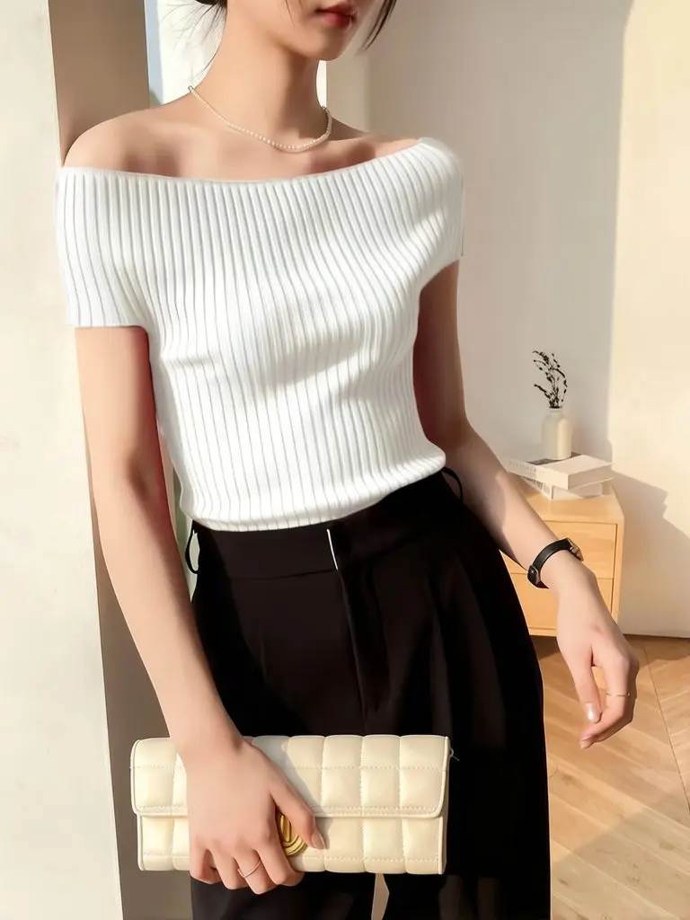 Knitted Summer Off shoulder Top Women Elegant Short Sleeve T-Shirt Korean Fitted Solid color Slim Casual Basic Tees Work wear