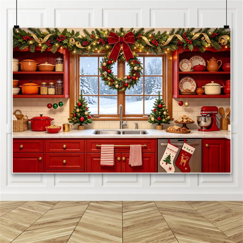 Yeele Christmas Kitchen Backdrop for Kid Family Xmas Party Decor Cabinet Kitchenware Plates Wreath Photography Background Studio
