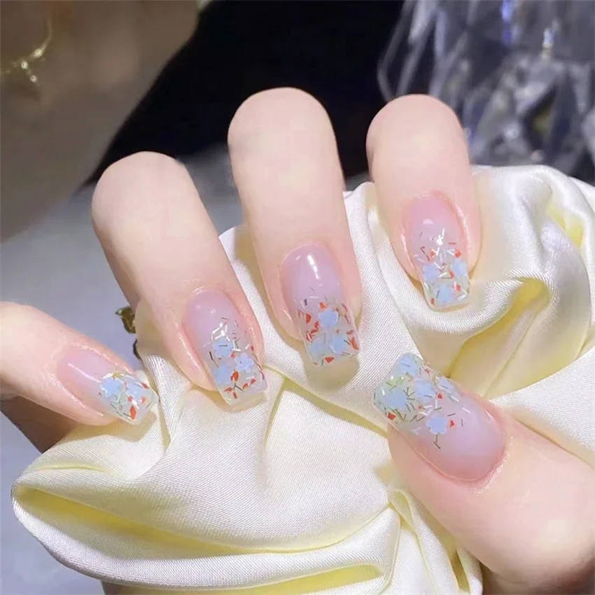 24Pcs/Set Ice Translucent Colour Design Wearing False Nails Art Flower Generous Press on Nails Fresh Whitening Fake Nail Tips