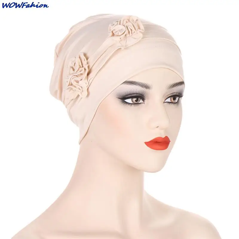 Women 2 Flower Turban Cap Beanies Muslim Hijab Soft Head Cover Ladies Solid Color India Cap Bandanas Hair Loss Cancer Chemo Cap