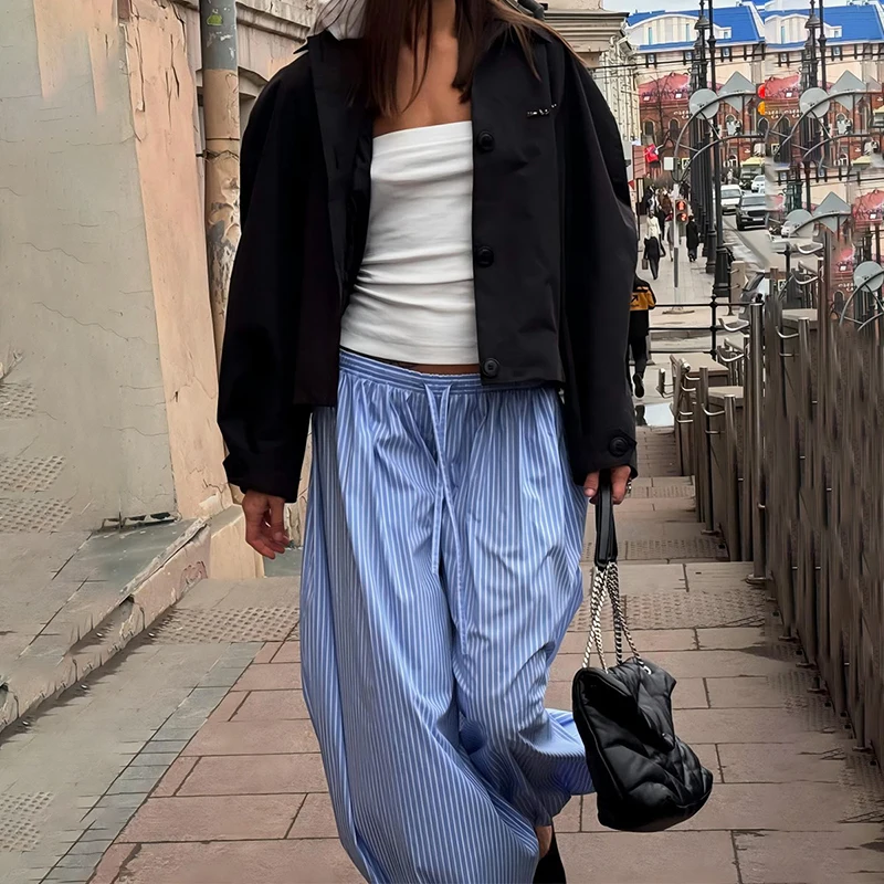 Ticketsx Striped Print Pants Women's High Waist Drawstring Wide Leg Trousers 2025 Summer Female Fashion Casual Loose Pants Y2K