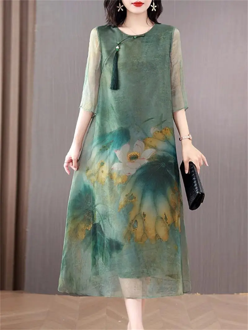 

2025 Luxury Summer Women's Dress: Mulberry Silk & Fragrant Cloud Yarn Artistic Print - Elegant Mother's Evening Gown G676