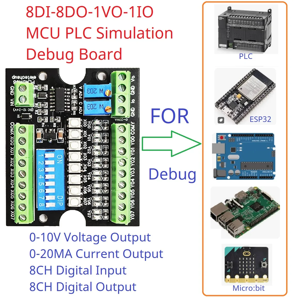 MCU PLC Simulation Debug Board 0-10V 4-20MA Output ADC DAC Tester NPN PNP DI-DO Module for Arduino ESP32 Raspberry pi Micro:bit