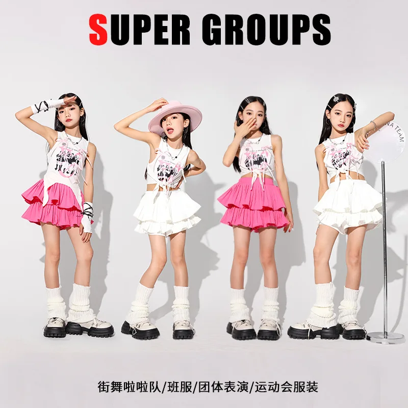 Girls Jazz Dance Costume Kids Cheerleading Performance Practice Clothes White Tops Pink Skirt Teenagers Hip Hop Dance Outfits