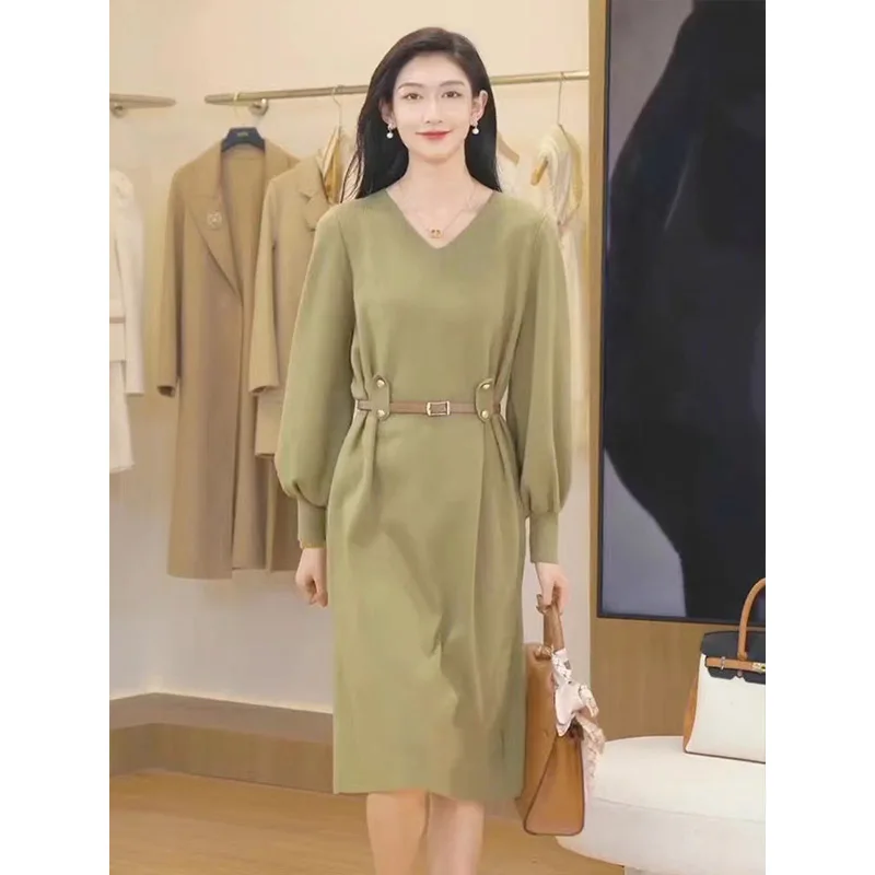 

Women Temperament Grace Lantern Sleeve Dresses Autumn Winter Fashion Chic Belt Waist Cinching V-neck Knitted Dress