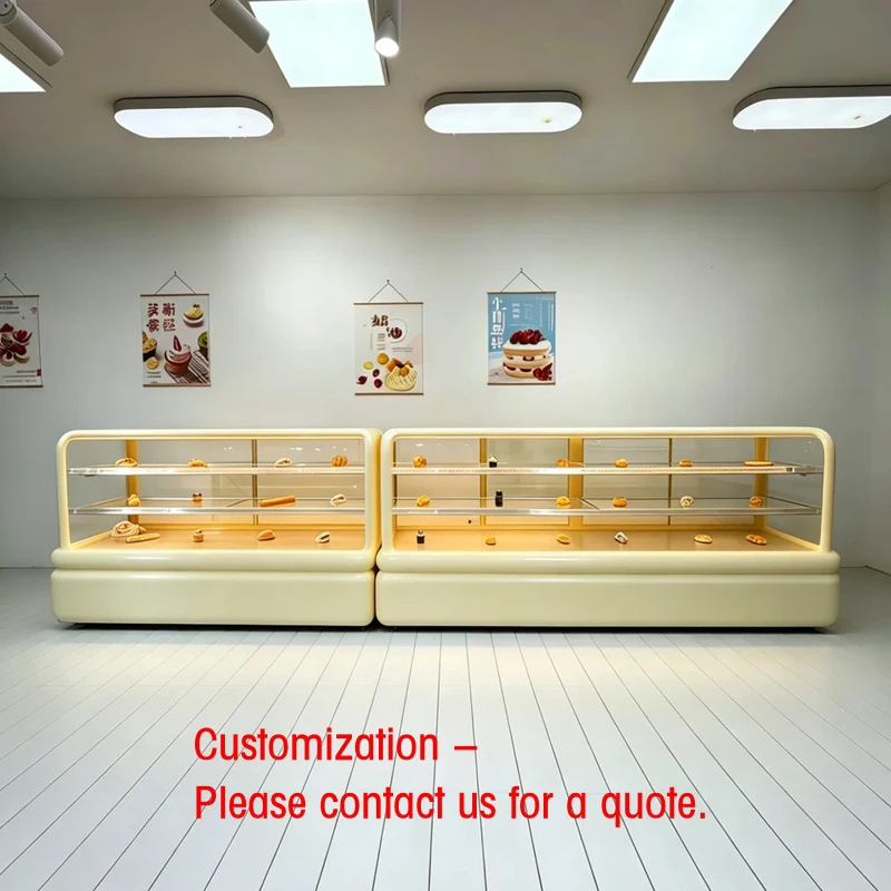 custom.Bespoke-coloured Bakery Counter-top Curved Display Cabinet, Featuring Curved Glass and Built-in Lighting