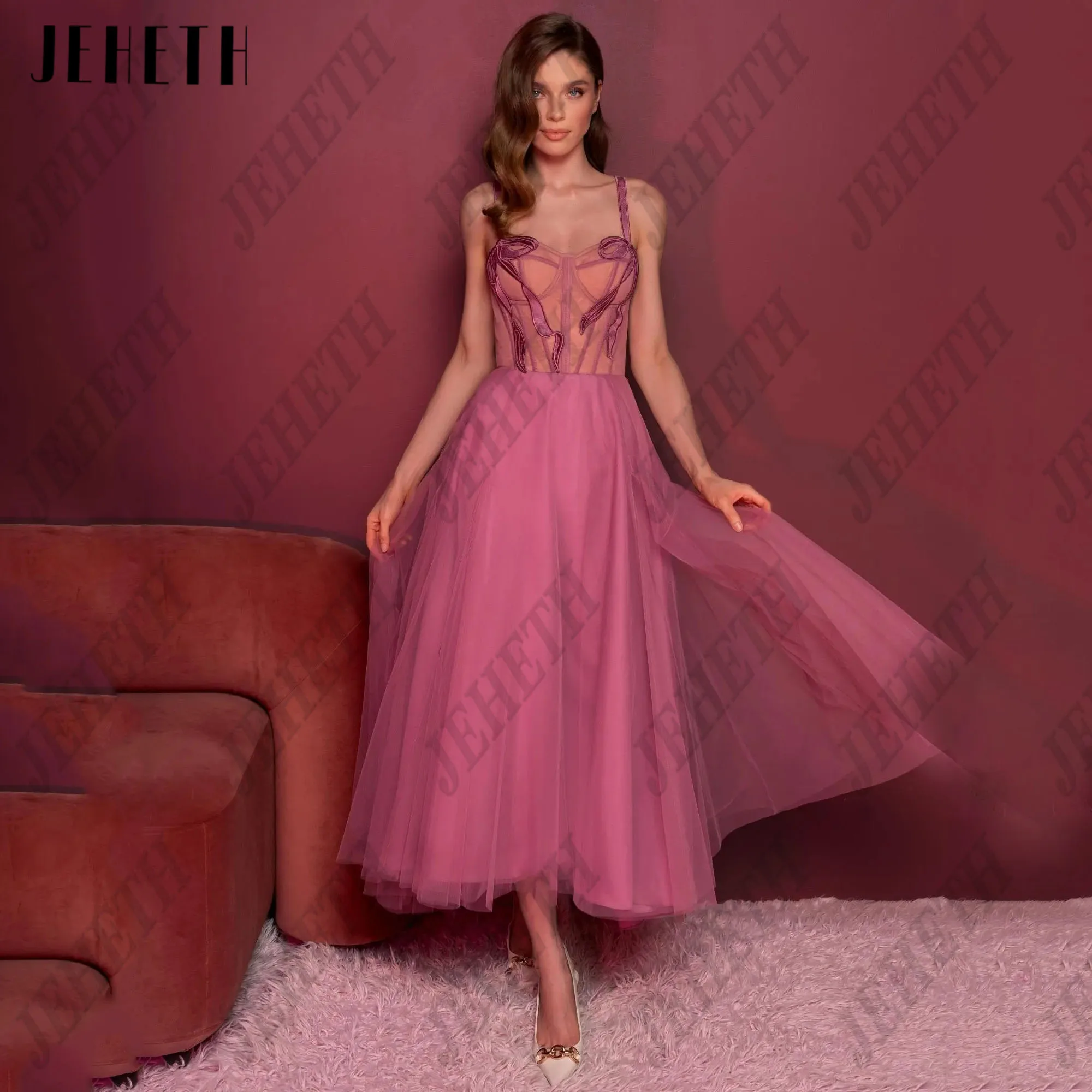 

JEHETH Midi Sweetheart Wedding Dresses Spaghetti Straps Lace Evening Gowns Women Formal Party Event Birthday Dress Customized