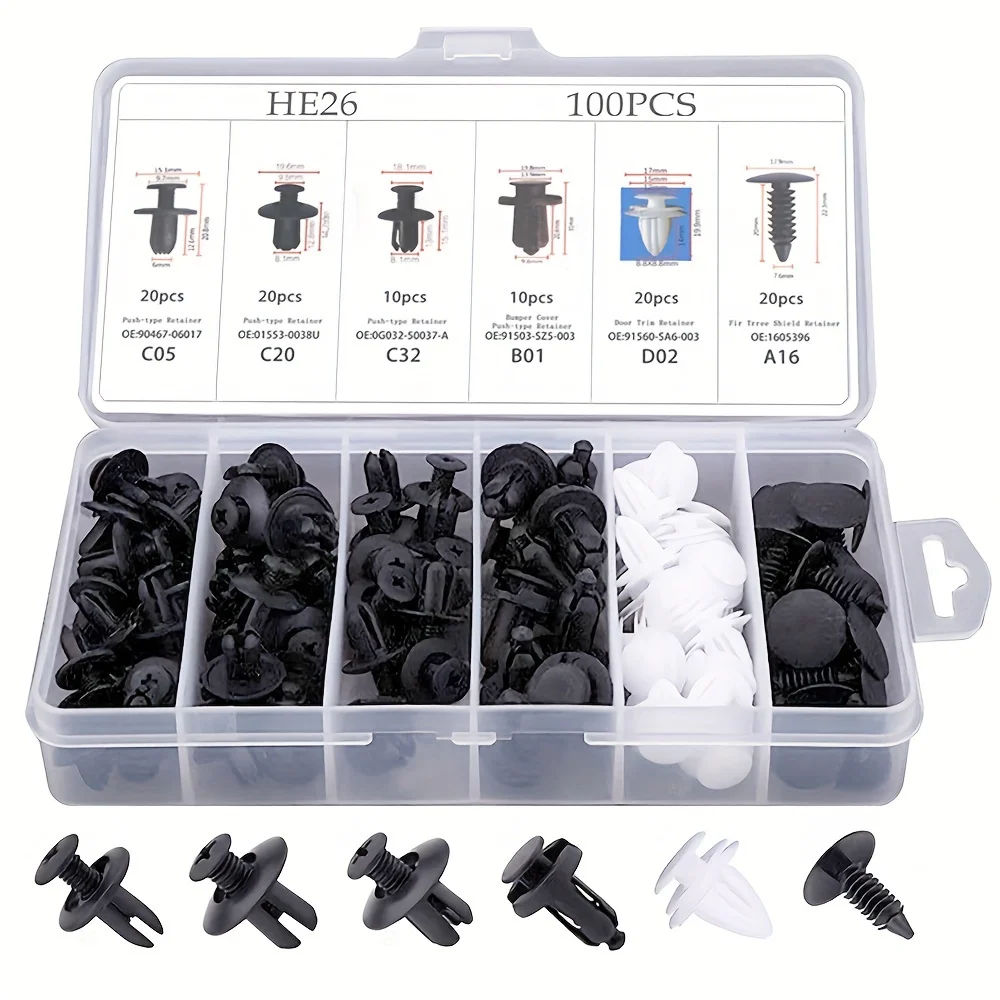 100-Piece PP Automotive Retaining Clip Kit, Various Automotive Trim Clips, Plastic Screws for Vehicle Interior and External Main