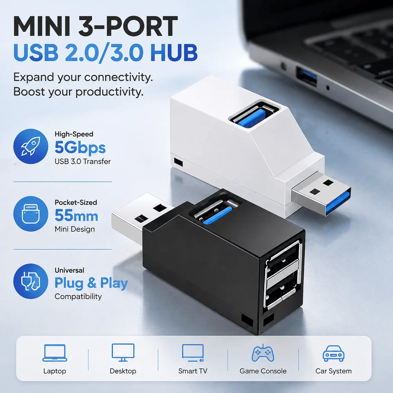 USB Hub 3.0 Mini 3 Port High Speed 5Gbps Adapter Laptop Expander Portable Multiport Splitter For Laptop And Desktop Computer
