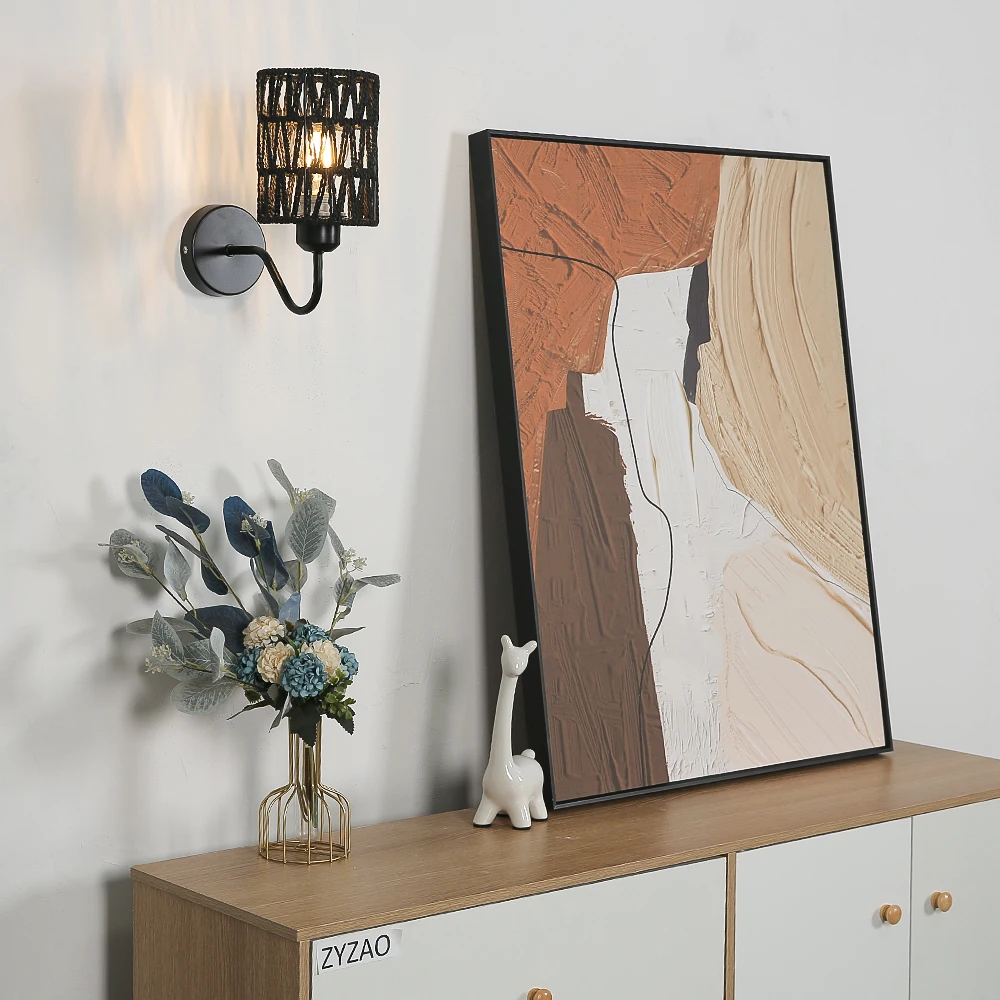 

Modern Rattan Wall Lamp Handwoven Bohemian Wall Lights Fixtures for Bedroom Living Room Nursery Hallway