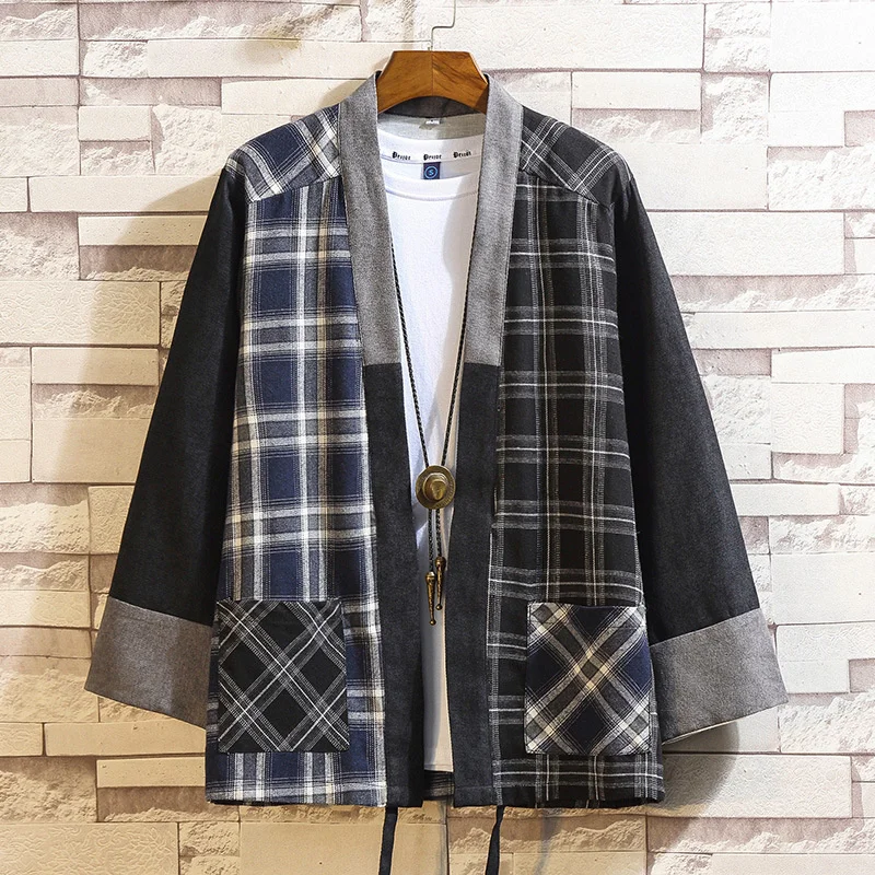 #4252 Spring Autumn Kimono Plaid Jacket Men Loose Vintage Cardigan Coat Plus Size Spliced Color Chinese Style Outerwear Jacket