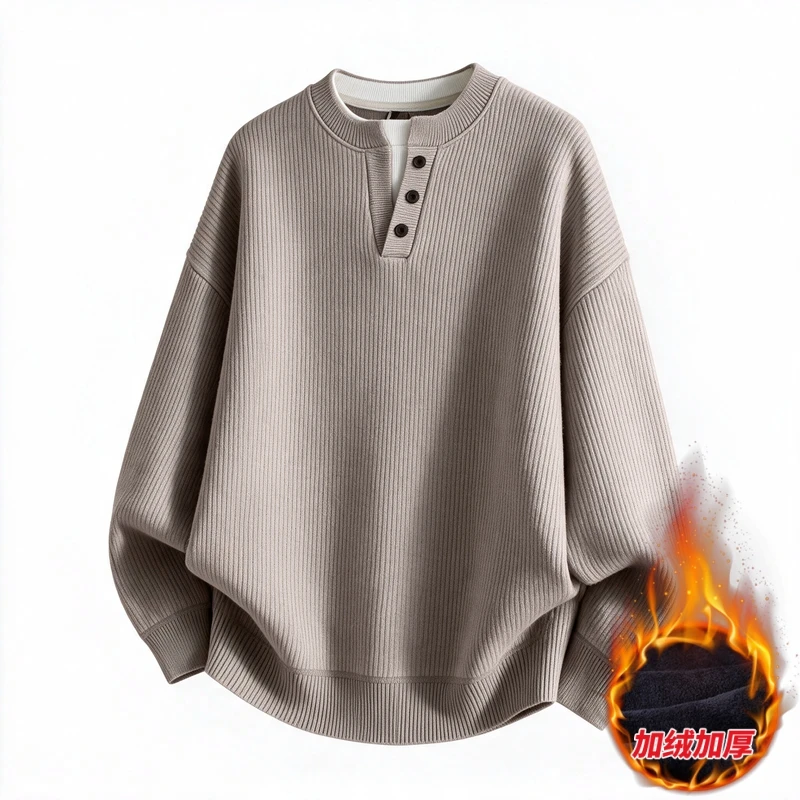 Fashion Mens Knitwear Button Color Blocking False Two-Piece Warm Winter Knitted Sweater