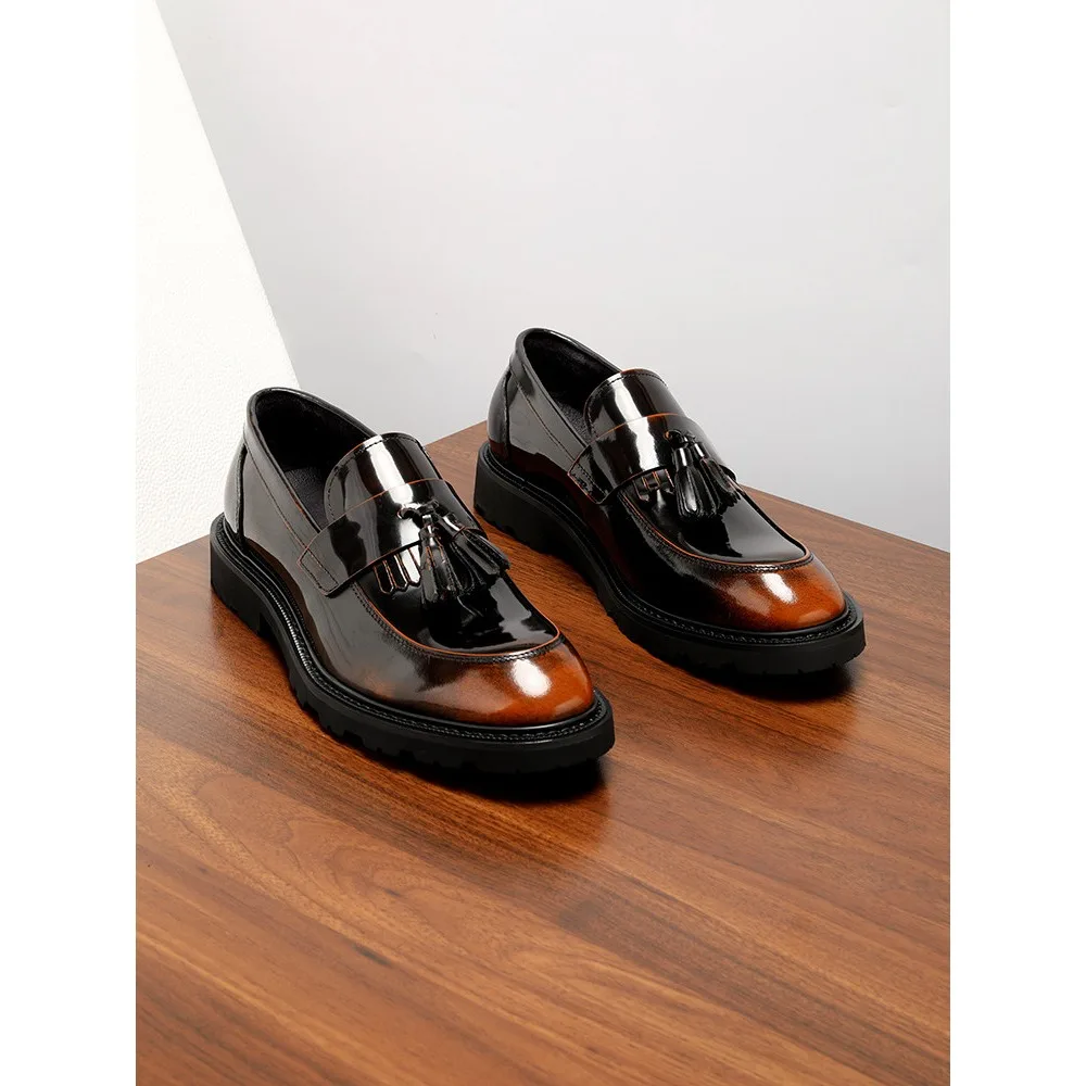Mens Genuine Leather Tassel Loafers Premium Bright Burnished Upper British Style Slip On Business Casual Dress Shoes