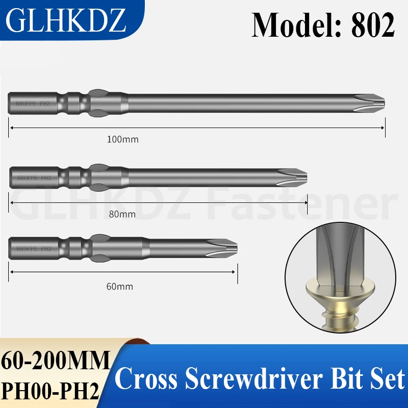 60/80/100~200mm 802 Electric Phillips Screwdriver Bit Set 6mm Round Shank Cross Screwdriver Bit Magnetic Driver Bits PH00-PH2