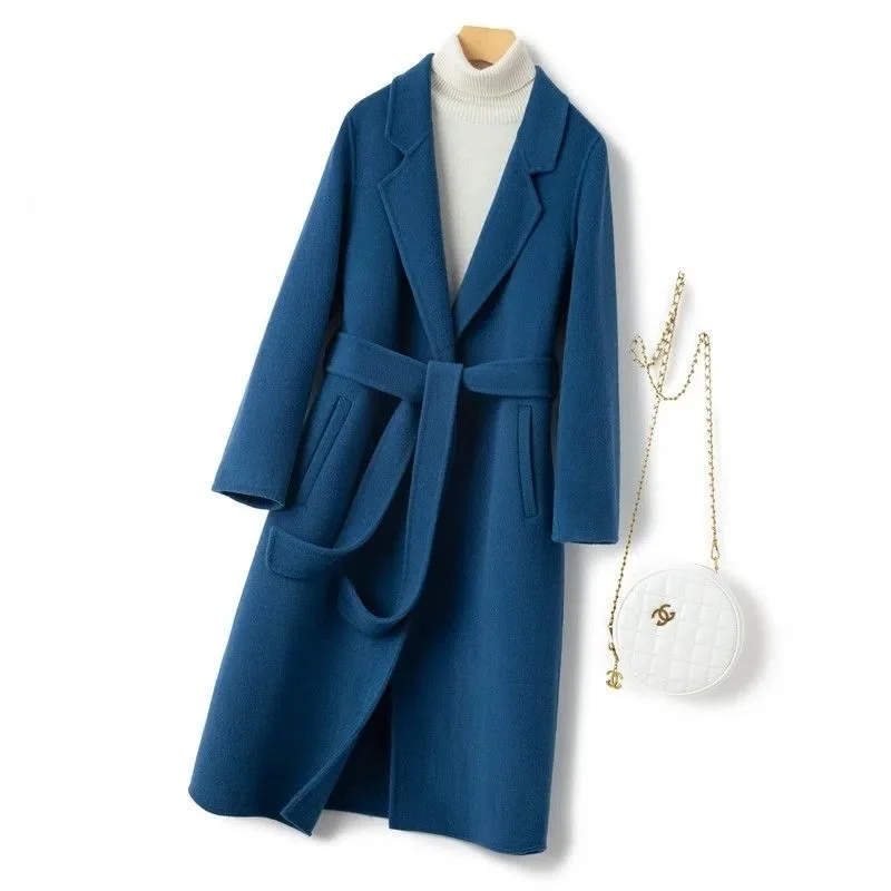 

New Nigh-grade Double-sided Wool Jacket Women's 2022 Spring Autumn Korean Lace-up Wool Coat Solid Casual Long Overcoat Female