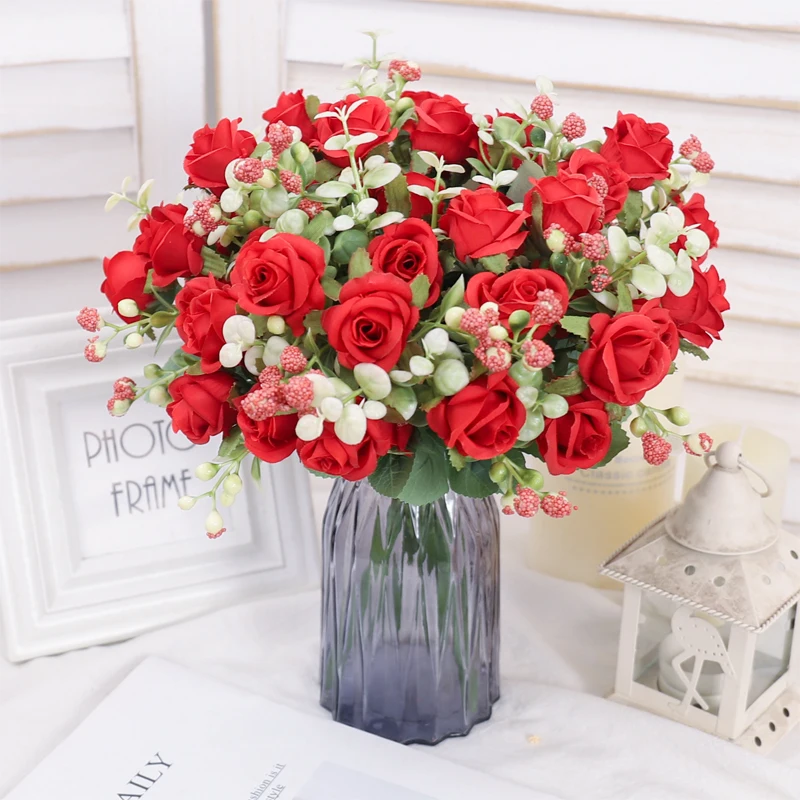 10 Heads Artificial Flower Silk Rose Leaves Bride Bouquet Fake Flower For Wedding Table Party Vase Home Living Room Decoration