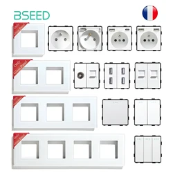 BSEED French Socket With Type-c USB Wall Socket Parts Light Switches Base Tempered Glass Frames DIY Parts Free Combination