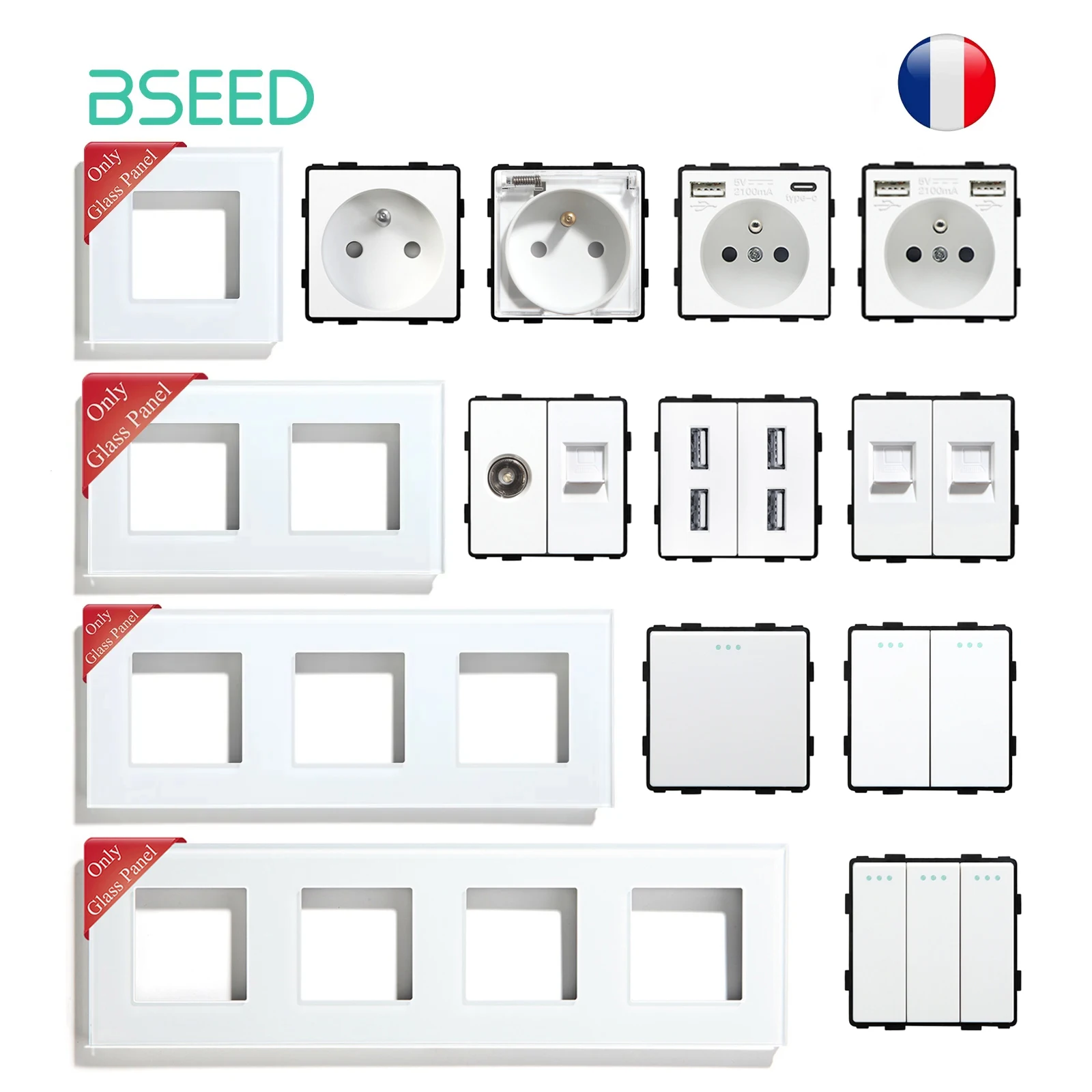 BSEED francuskie gniazdo z gniazdem ściennym USB typu c części włączniki światła podstawa ramki ze szkła hartowanego DIY części dowolna kombinacja