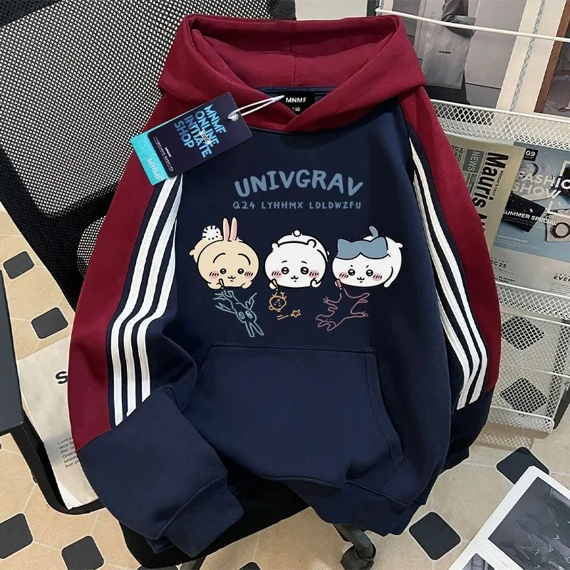 Anime Cartoon Chiikawa Fashion Printing Raglan Hooded Sweatshirt Autumn and Winter Leisure Versatile Tops Keep Warm Windproof