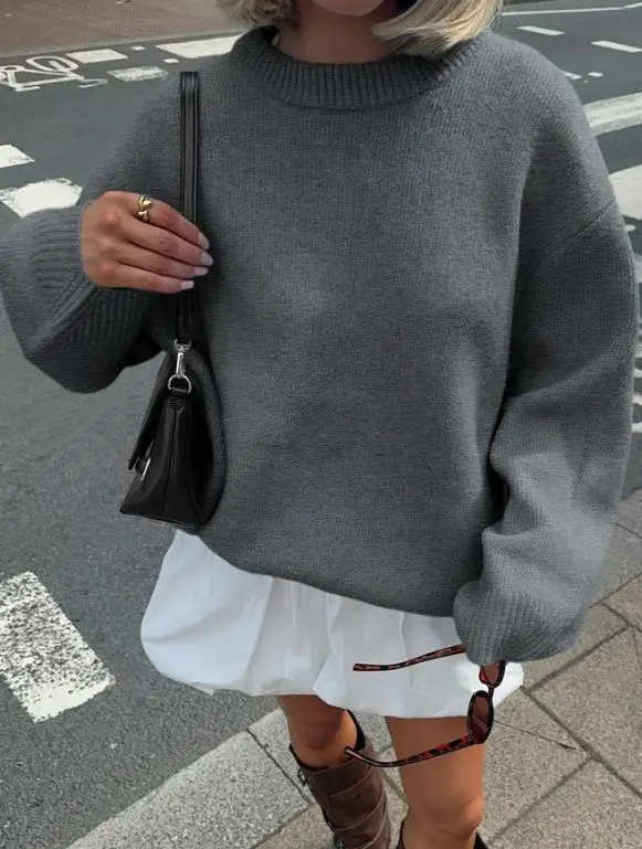 سترة محبوكة فضفاضة برقبة دائرية بلون سادة للنساء في الخريف والشتاء، سترة متماسكة عصرية وغير رسمية وبسيطة بأكمام طويلة