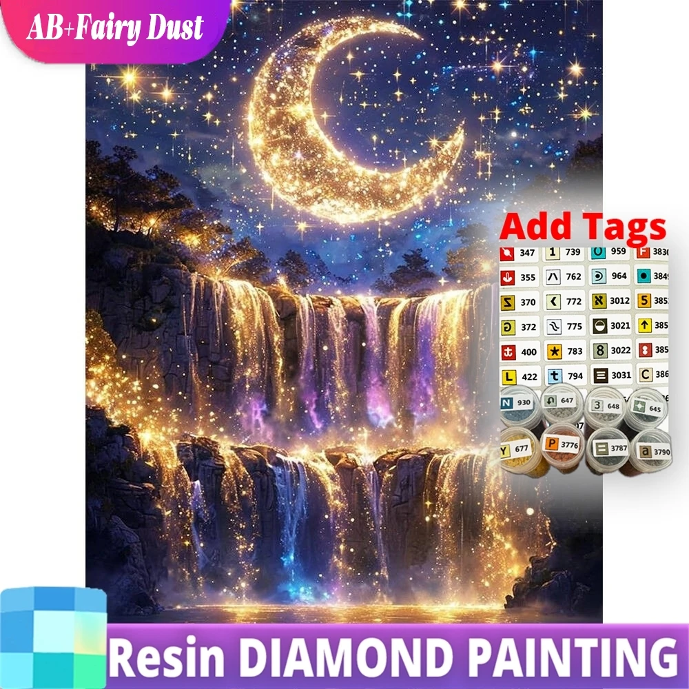 

Resin AB Fairy Dust Diamond Painting Waterfall Landscape Pattern For Adults Beginners DIY Mosaic Moon Home Decoration