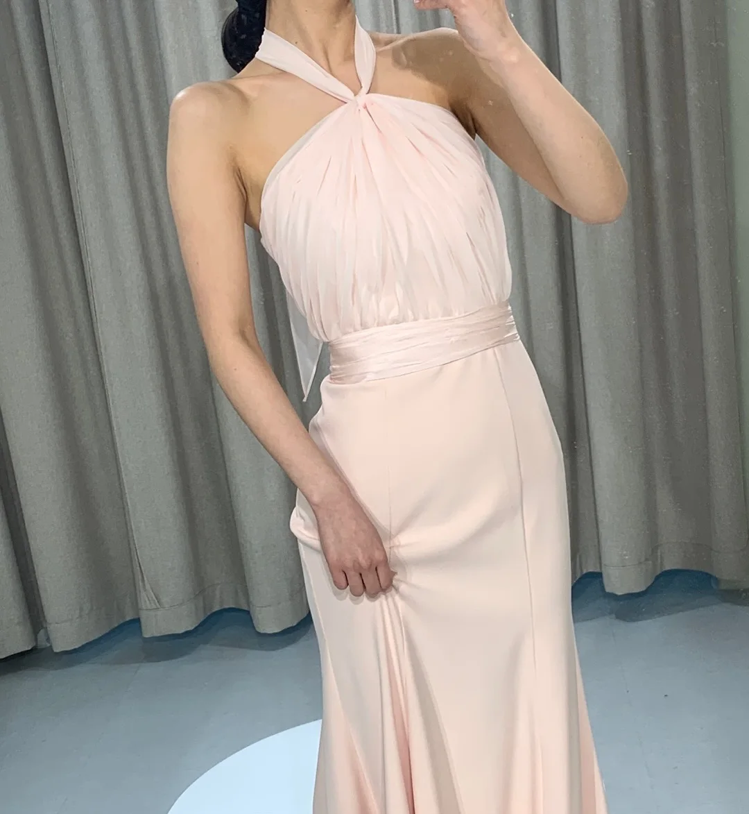 MD New Simple Pink Halter Wedding Dress Sleeveless Waist Pleat Korea Photo shoot Performance Dresses customised Prom Gown 2025