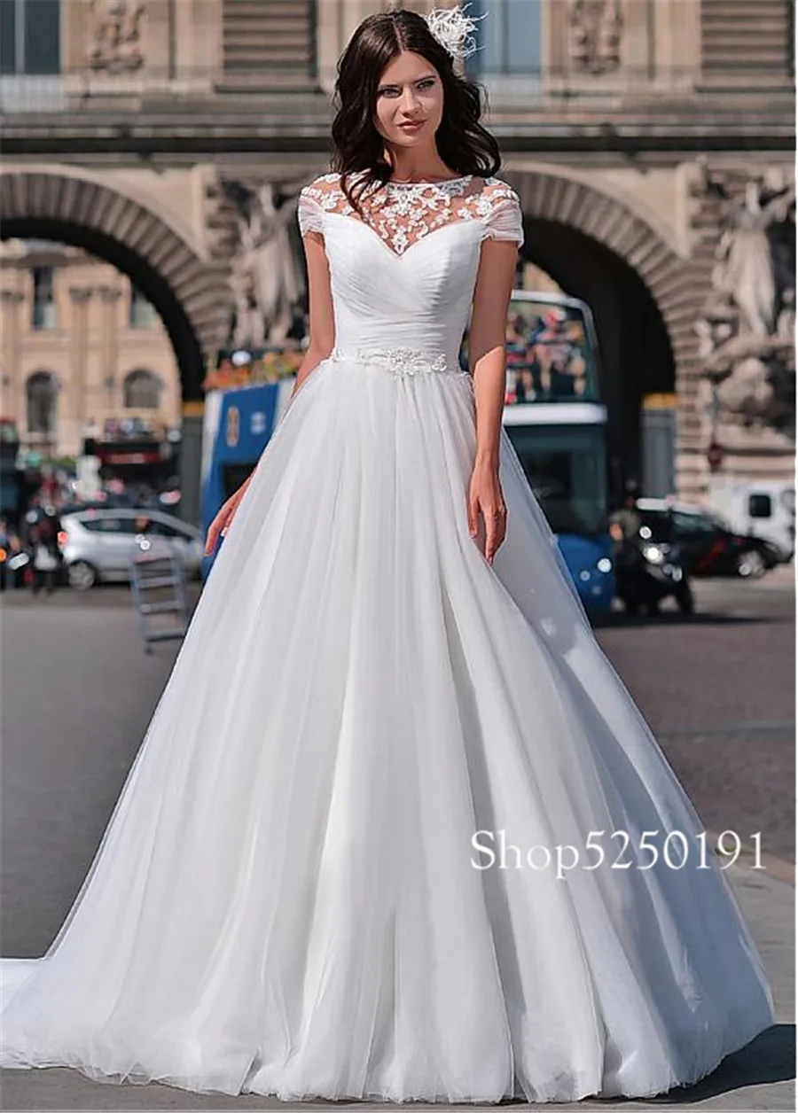 Wonderful Tulle A-line Wedding Dresses Ruched Tulle Short Sleeves Bridal Dress Lace Up Back  vestido de novia princesa