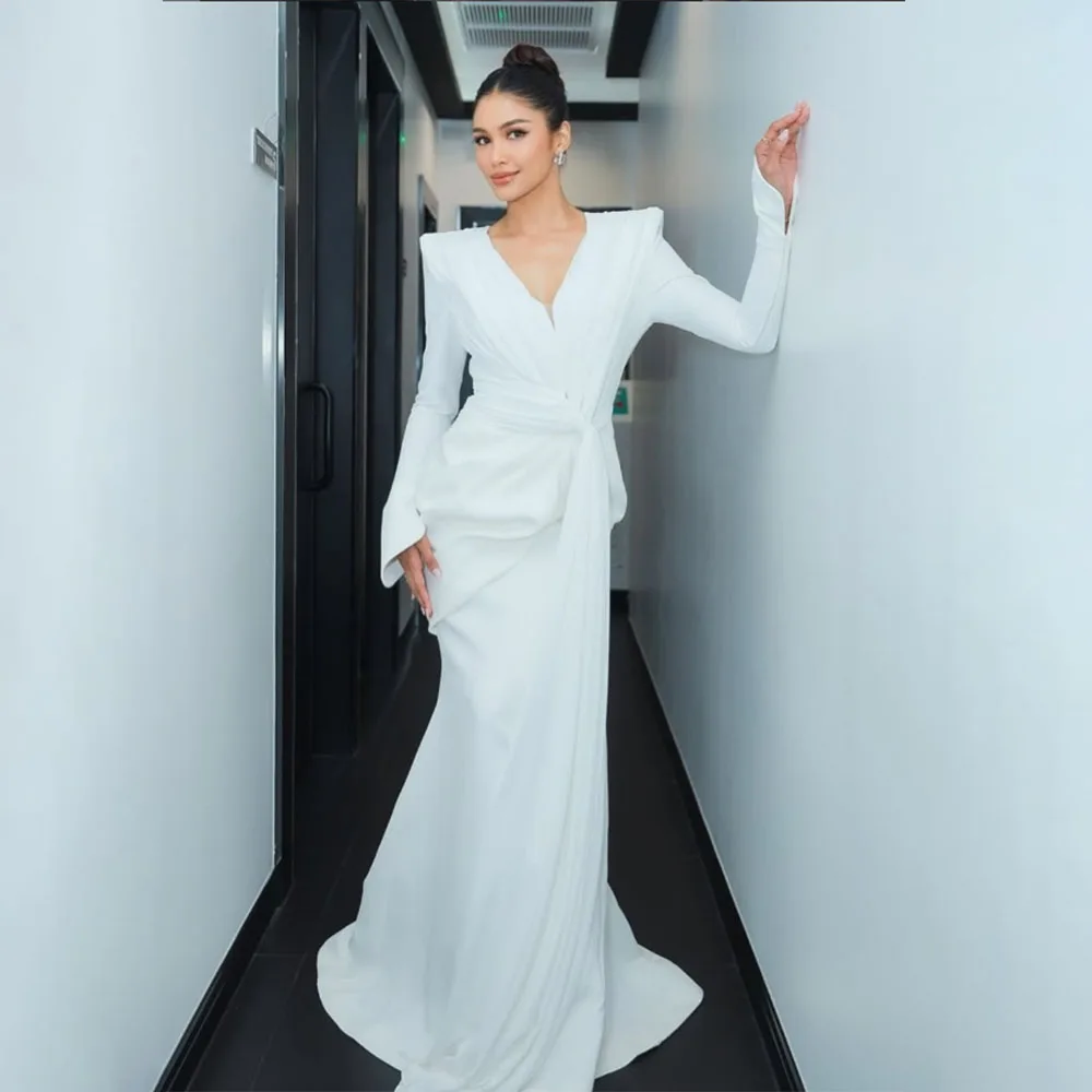 

Высокое качество по индивидуальному заказу с v-образным вырезом длиной до пола, с длинными рукавами, белые вечерние платья Vestidos De Fiesta Para Bodas فساتين السهرة Robe