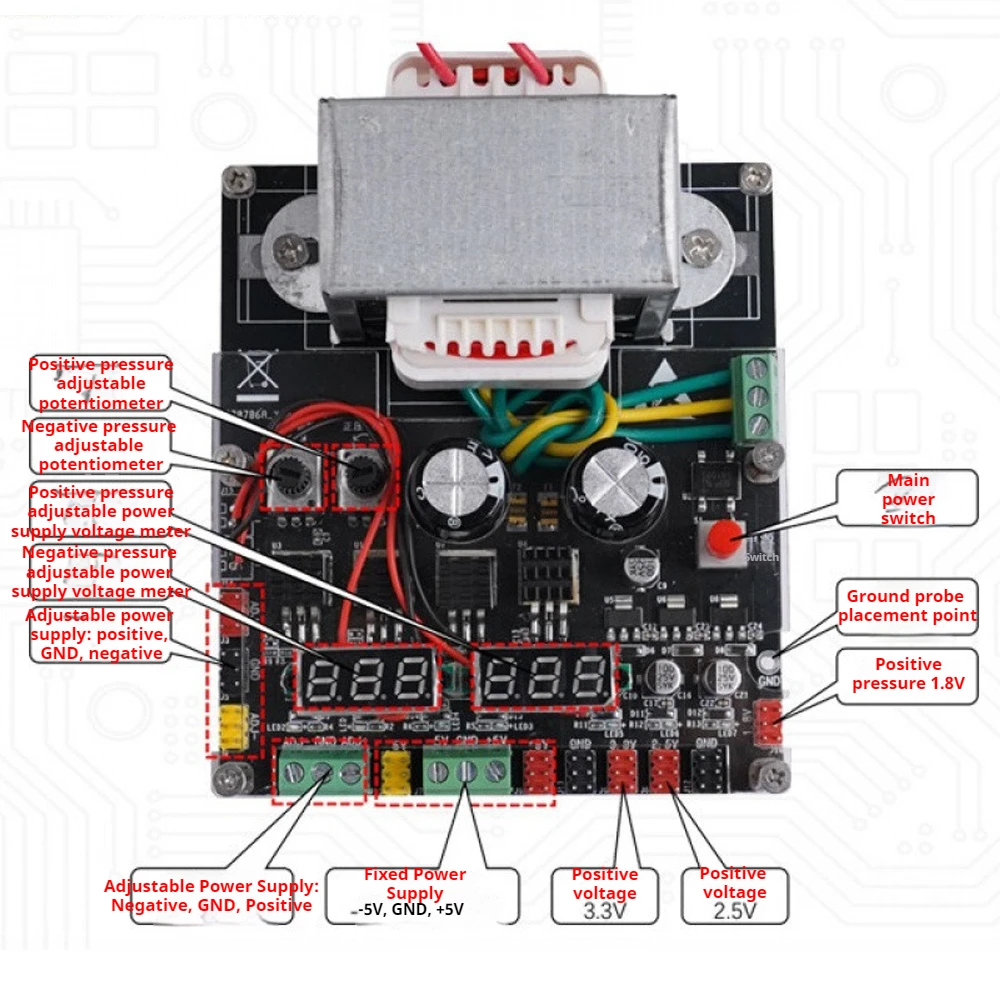 

Многоканальный модуль регулируемого источника питания постоянного тока с линейным преобразователем, вход AC220V, регулируемый выход +1.8V/+2.5V/+3.3V/±5V/±12V, мощность 10 Вт
