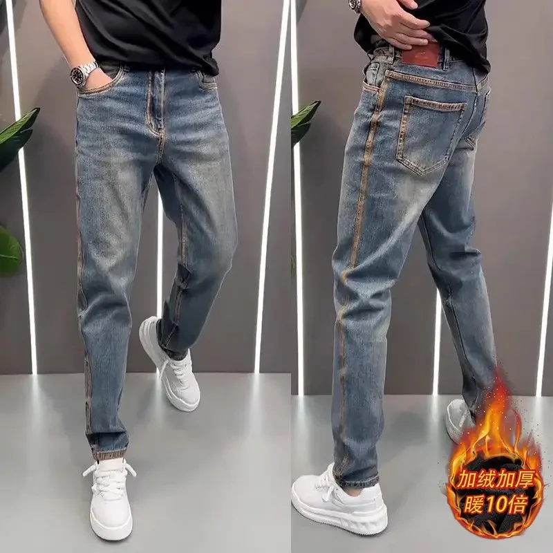 

Pop Spring Autumn Korean Style Clothes Men's Slim Pencil Pants Casual Jeans Stitching Luxury Designer Brushed Cowboy Pants F