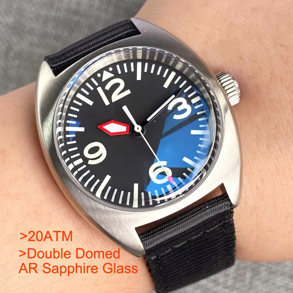 

20ATM Дайвинг Tandorio 36 мм Aviator Япония NH35A PT5000 Автоматические матовые мужские часы с двойным куполом AR Сапфировое стекло Черный циферблат Светящийся