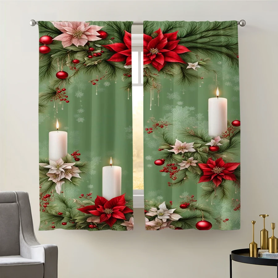 2PCS Christmas Winter Curtains, Poinsettia Candle Pine Branch, Digital Print, Bedroom Living Room, Home Decor Window Drapes