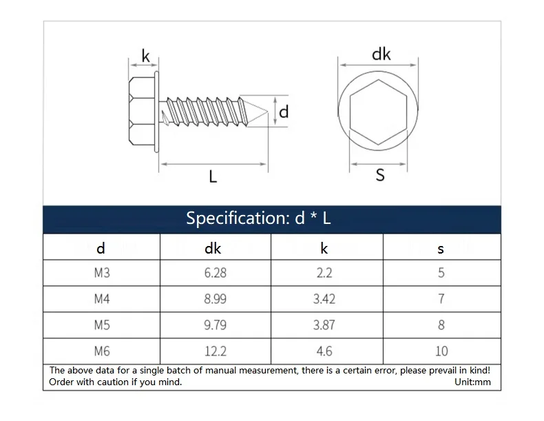 M3 M4 M5 M6 M8 M10 304 Stainless Steel Phillips Hex Flange Wood Bolts Cross Flange Washer Head Hexagon Self Tapping Screws