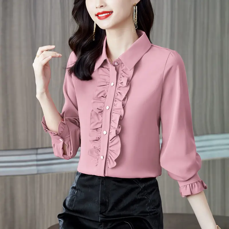 Spring Autumn New Female Ruffles Spliced Polo-Neck Shirt Office Lady Fashion Long Sleeve Solid Color All-match Button Blouse