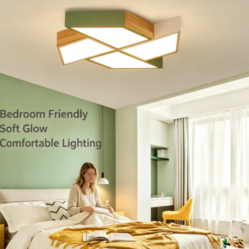 Led Ceiling Lamp With Geometric Wood Frame And Soft Diffused Light For Bedroom Living Room Use