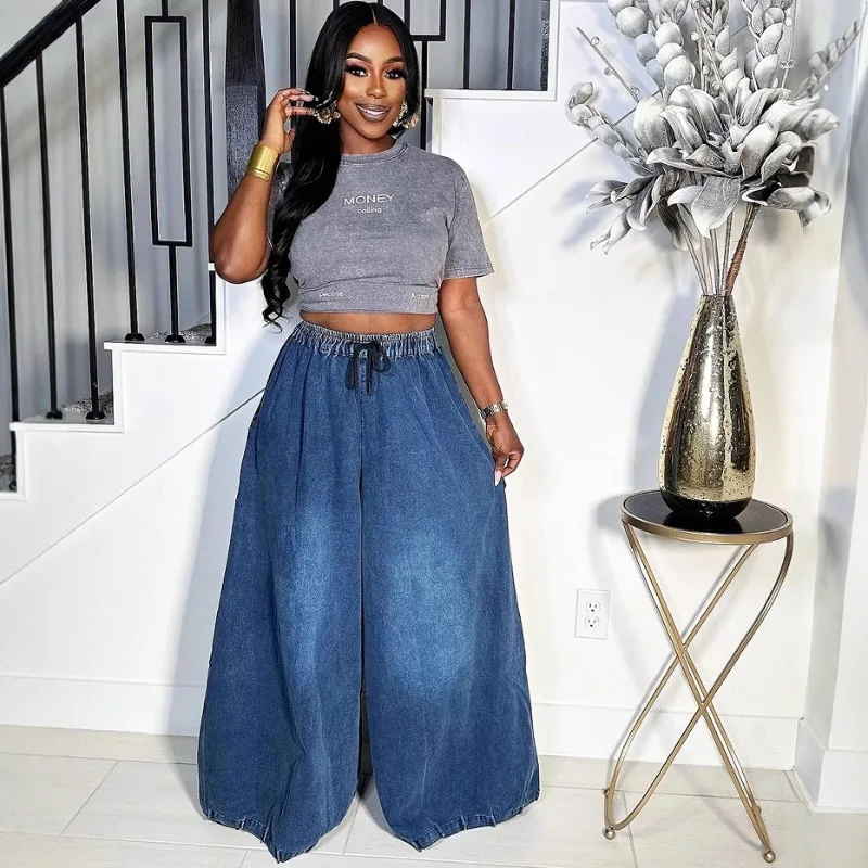 2026 New Women High Waist Elastic Wide Leg Denim Pants Washed Vintage Street Casual Slimming Long Trousers Fashion Style