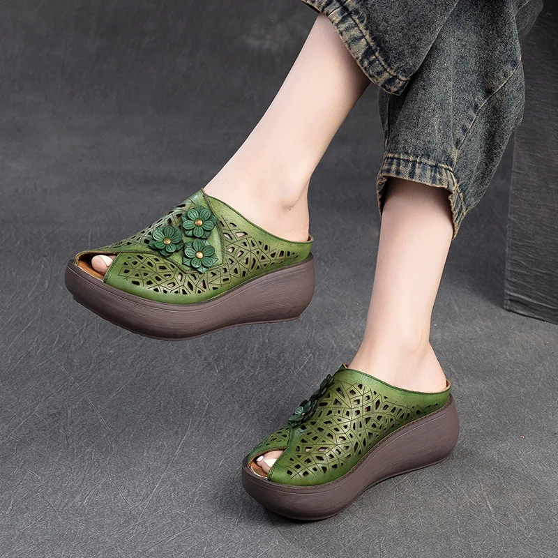 GKTINOO 2024 Fashion Cut-outs Women Shoes Slippers Summer Peep Toe Wedge Sandals Genuine Leather Lady Slides Shoes Woman